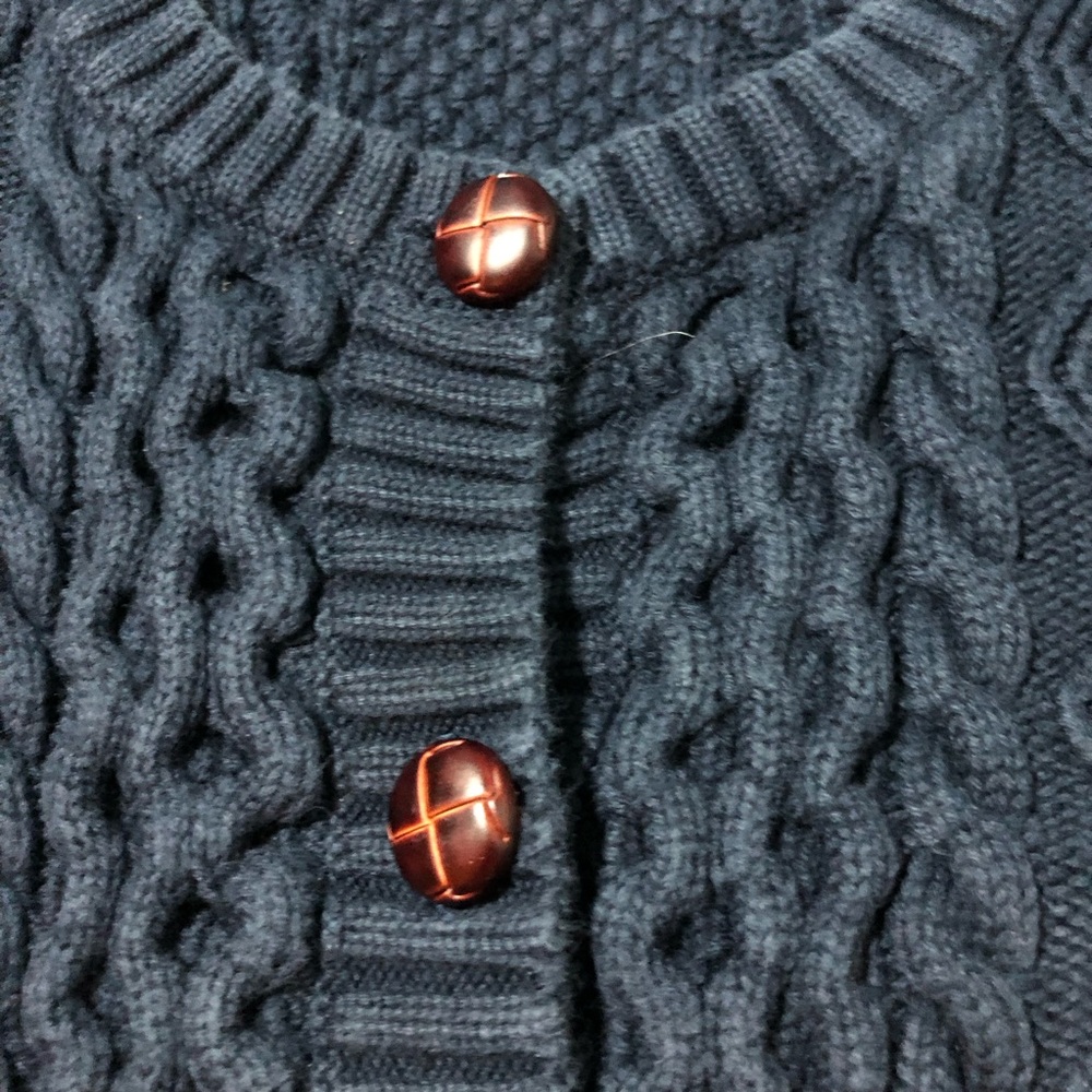 LL bean womens navy cable knit fisherman cotton cardigan woven buttons M preppy - Picture 8 of 10